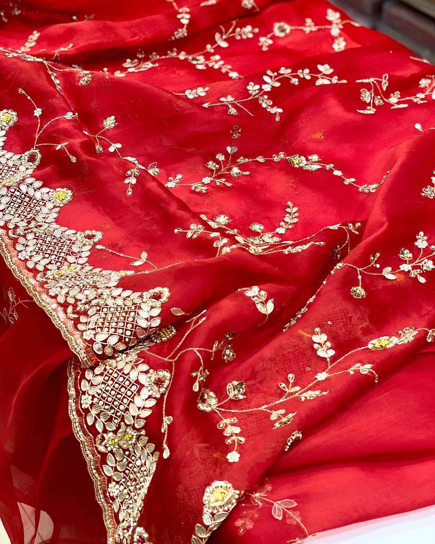 Red Hand Embroidery Organza Saree