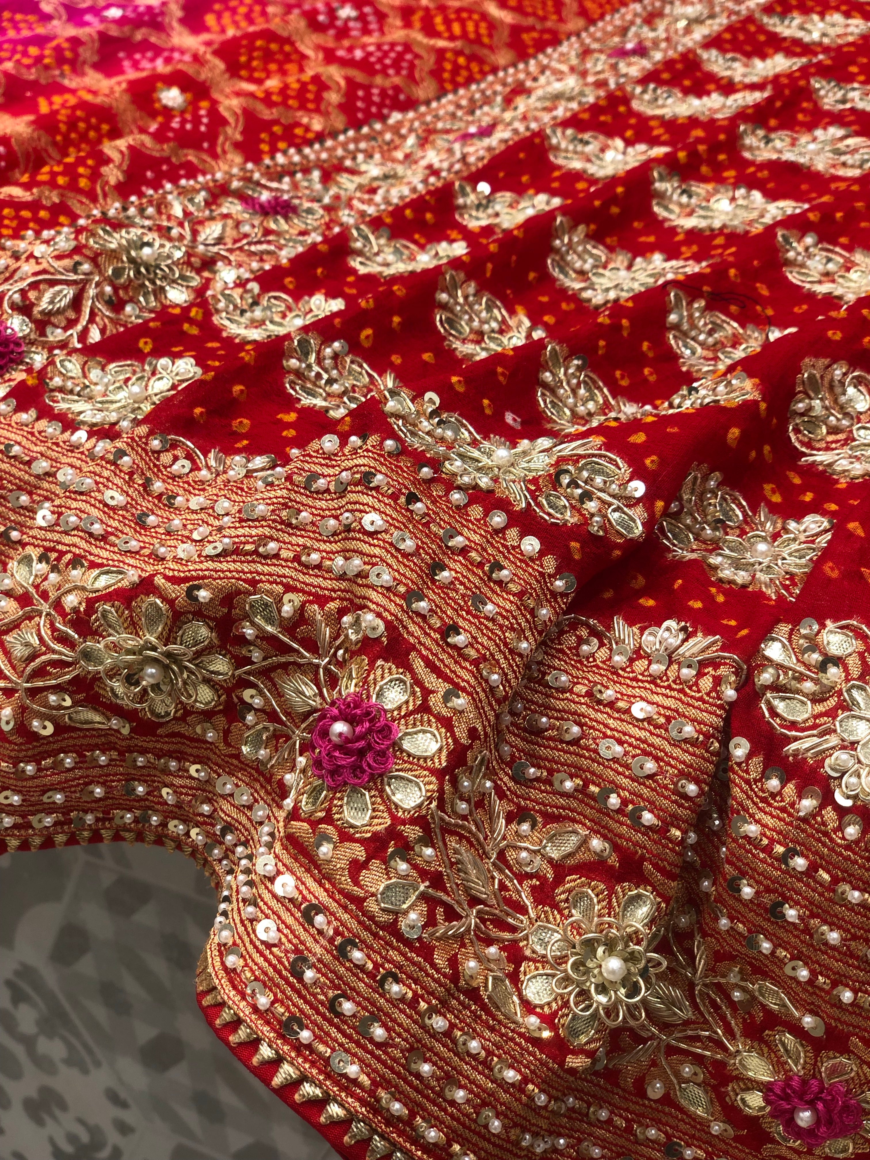 Red With Pink Bandhej Embroidery