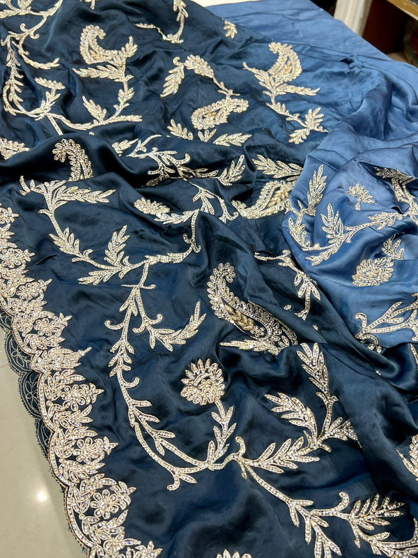 Shaded Blue Satin Embellished Saree
