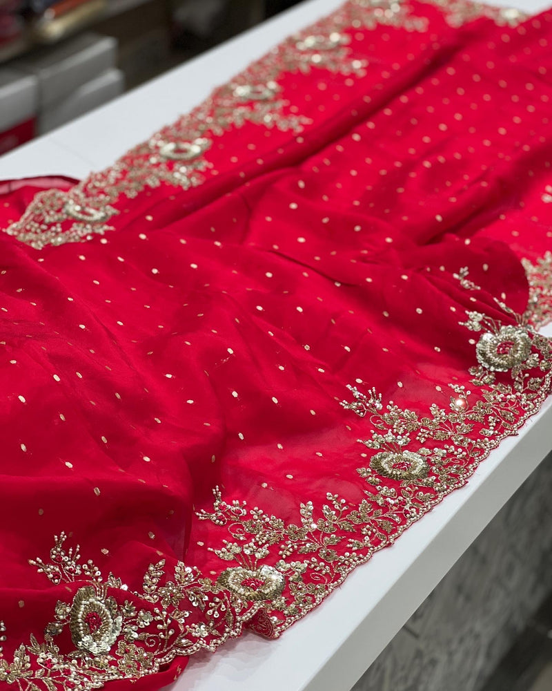 Designer semi chiffon saree red with allover beaded & zardosi work –  Prashanti Sarees