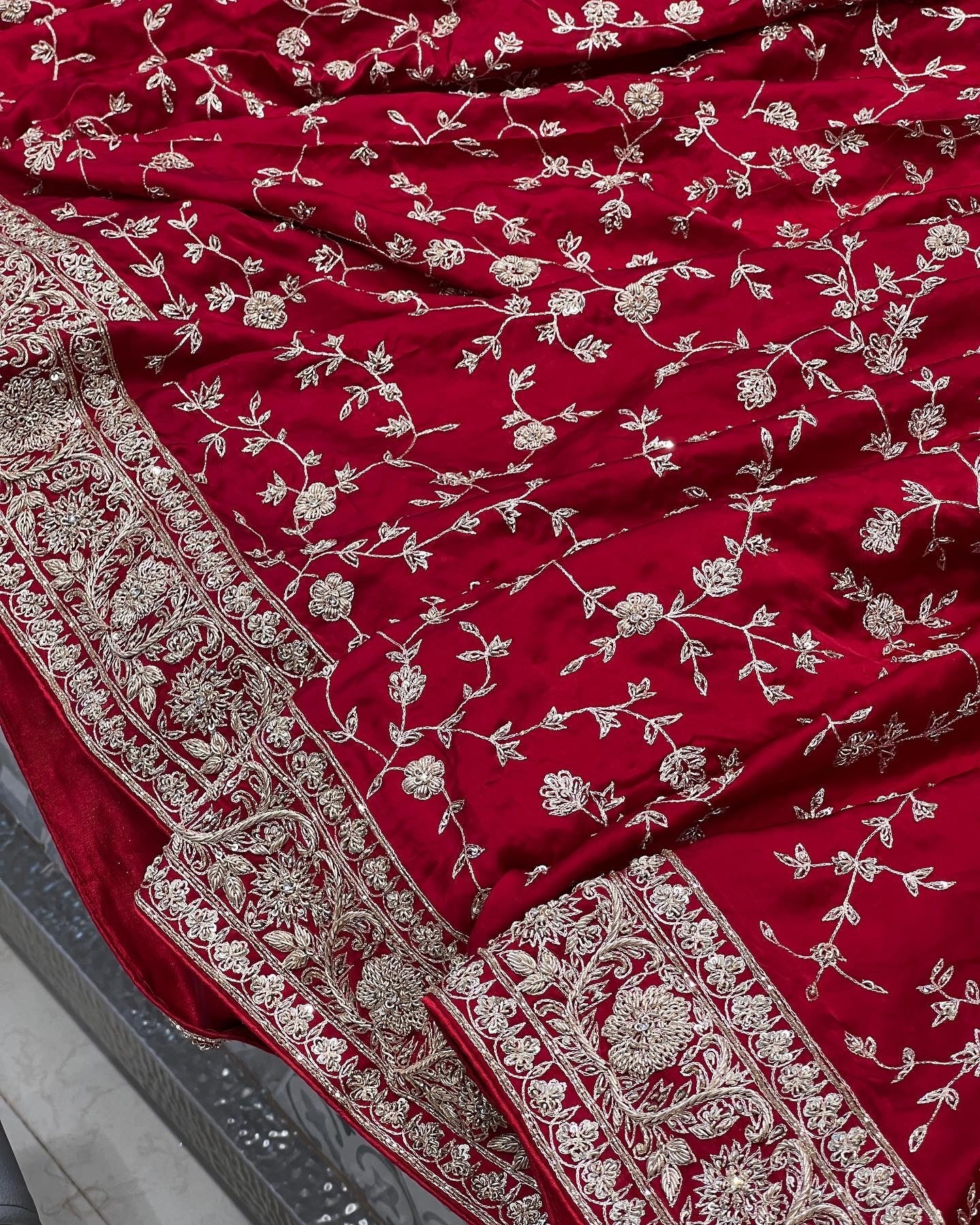 Maroonish Red Pure Satin Zardosi Embroidery