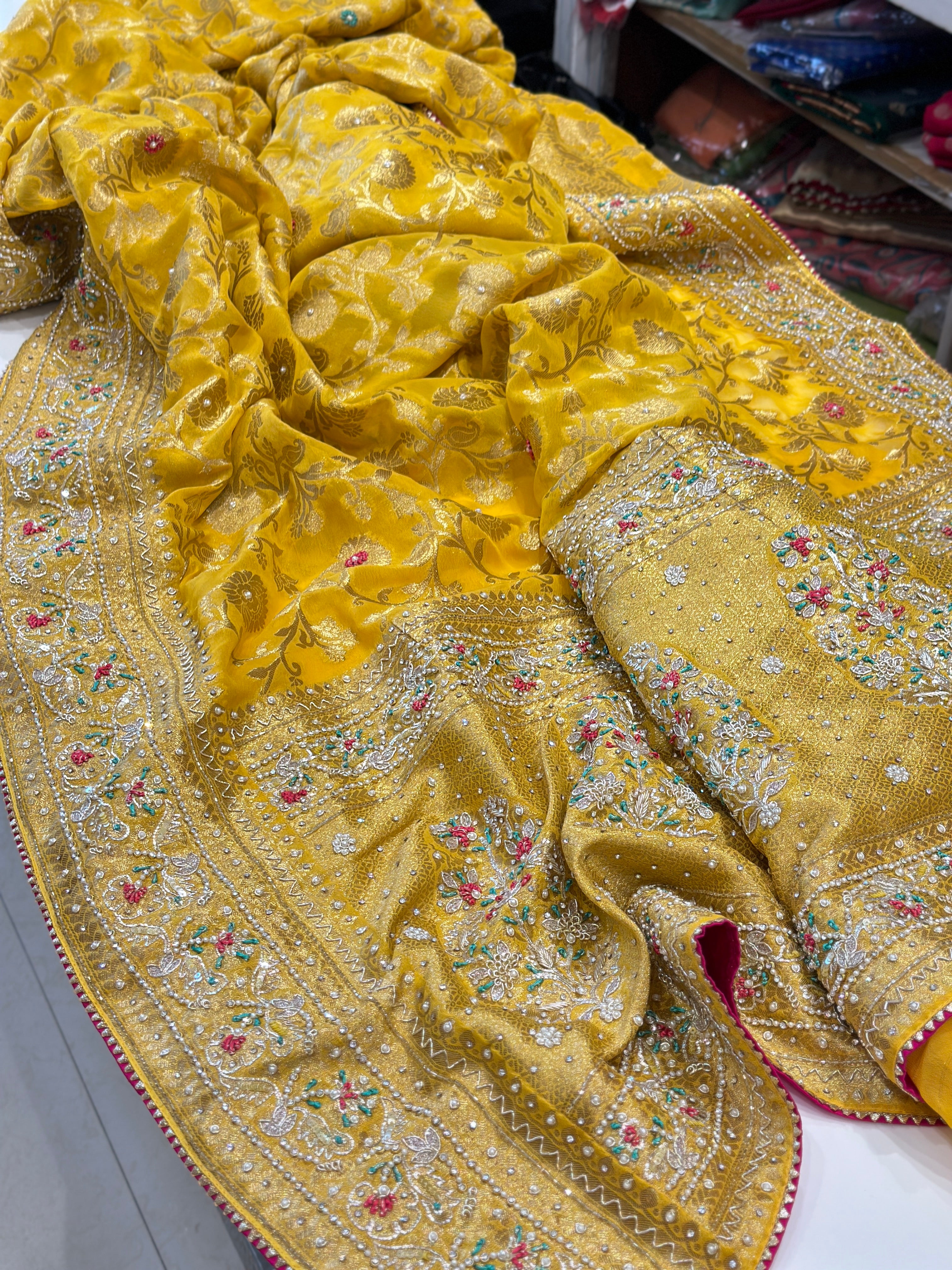 Yellow Banarasi Khaddi Georgette Embroidery Saree