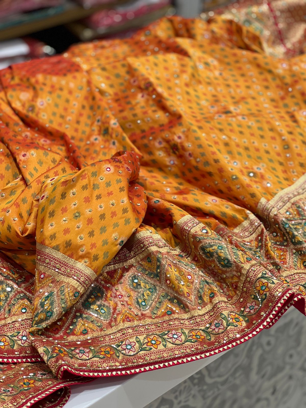 Mustard Patola Kutchi Embroidery Saree