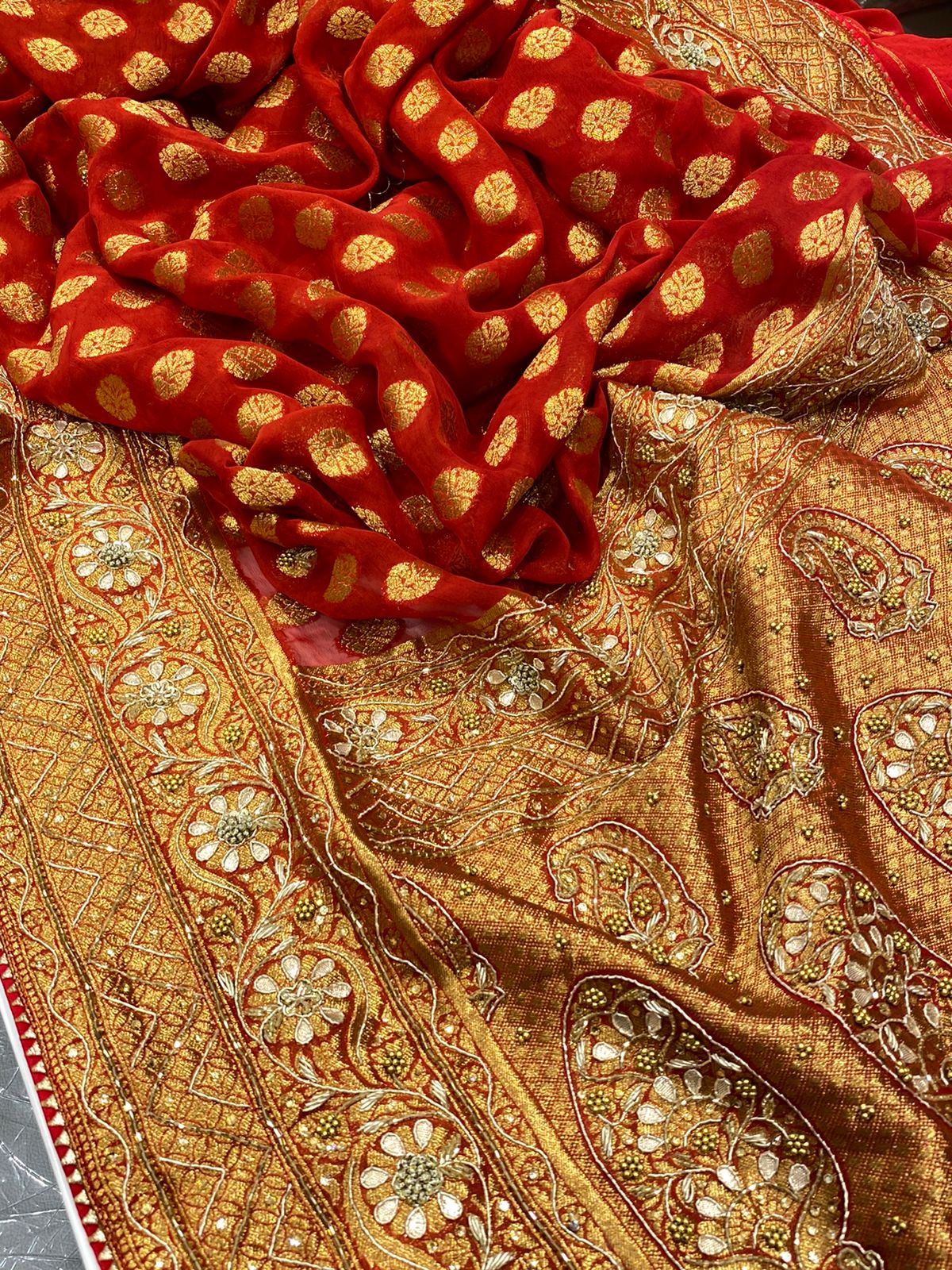Red Banarasi Khaddi Georgette Hand Embroidery