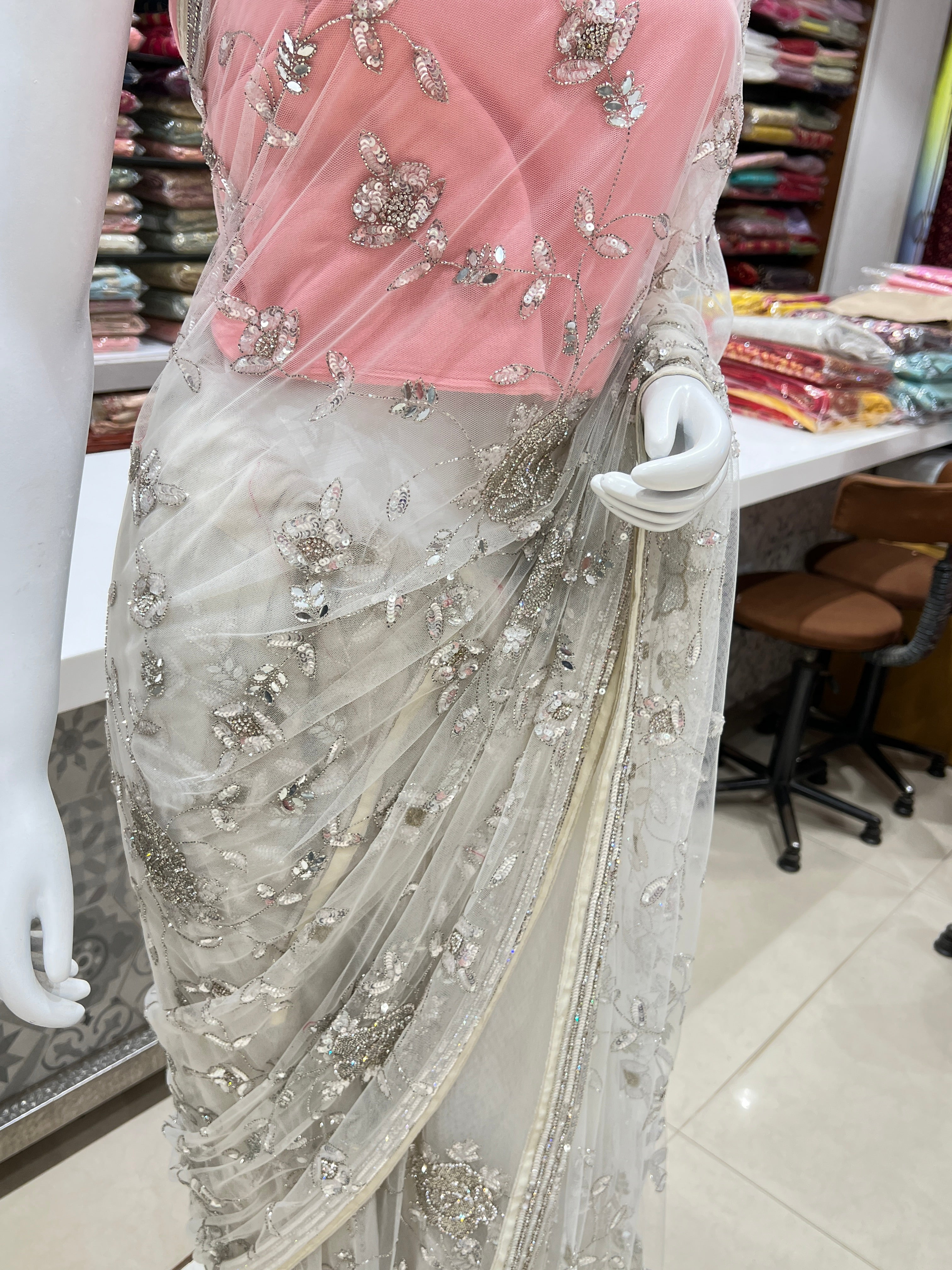 White Net Jaal Embroidery Saree