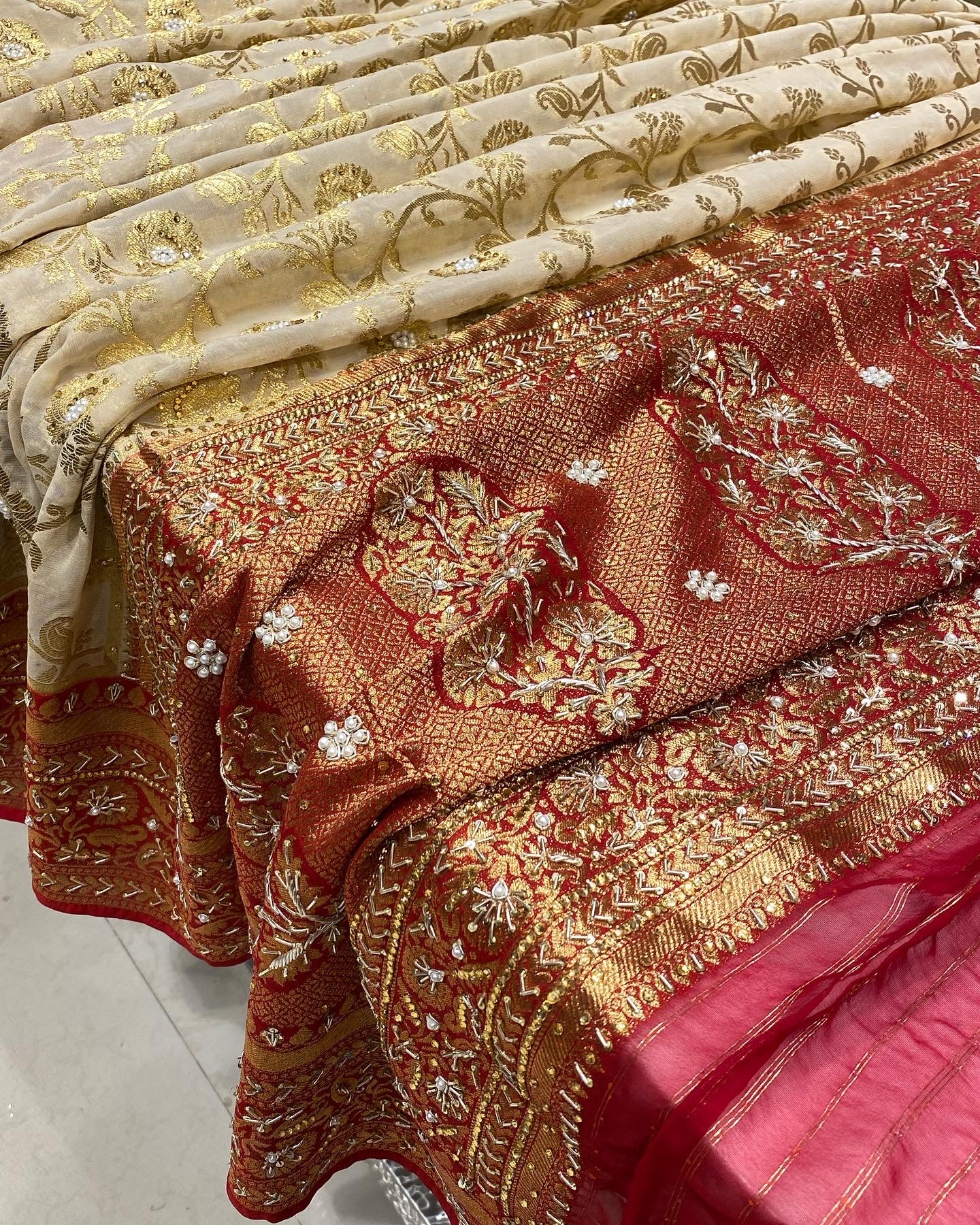 Beige Red Georgette Jaal Embroidery Saree
