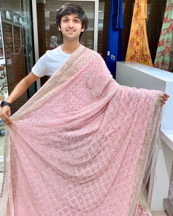 Pink Hand Embroidery Net Saree