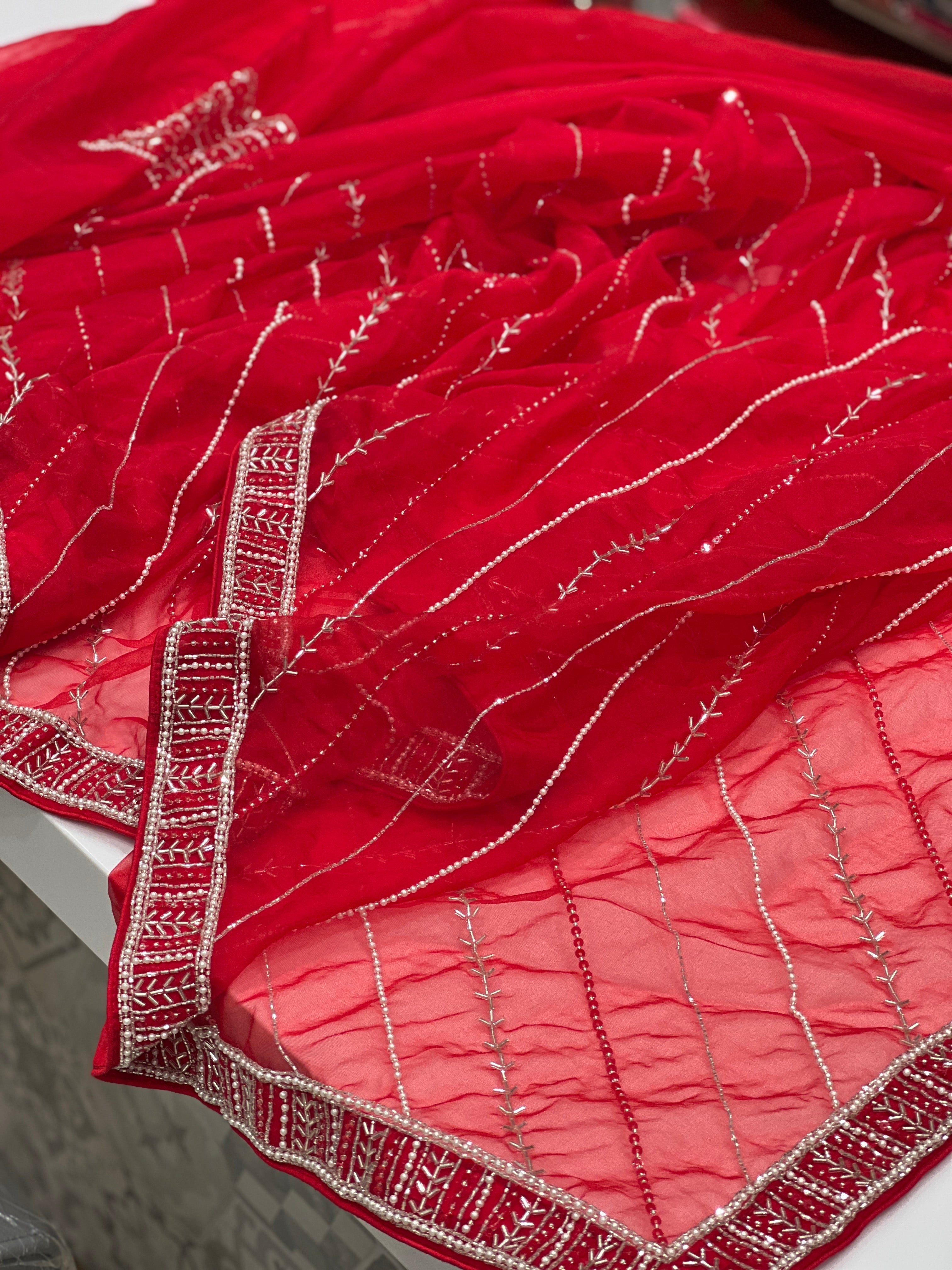 Red Organza Sequin Moti Leheriya Embroidery