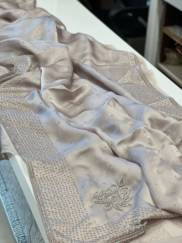 Champagne Satin Organza Moti Embroidery