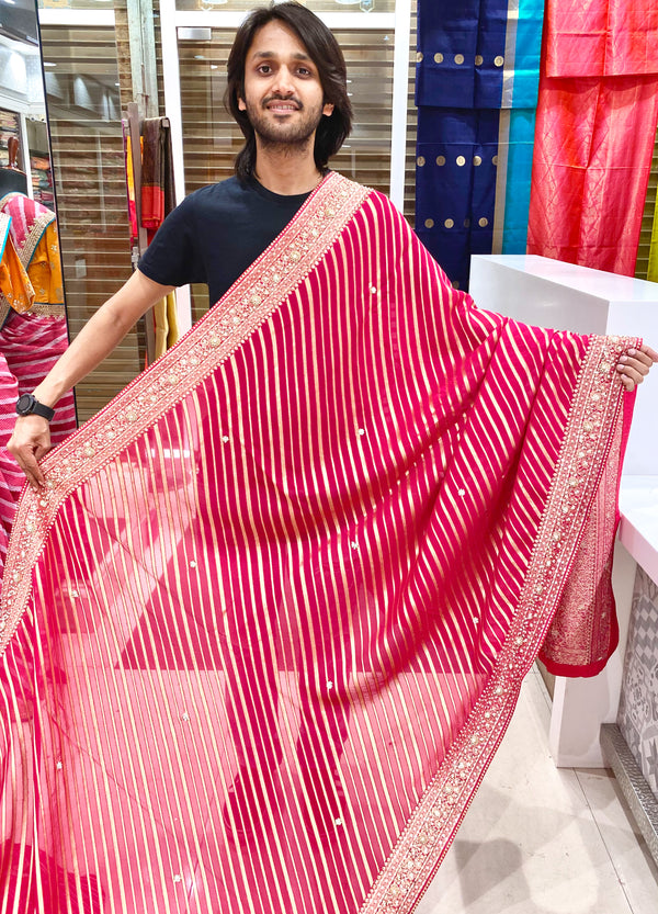 Rani Pink Leheriya With Hand Embroidery