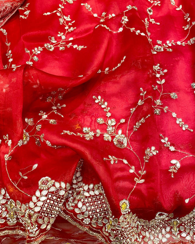 Red Hand Embroidery Organza