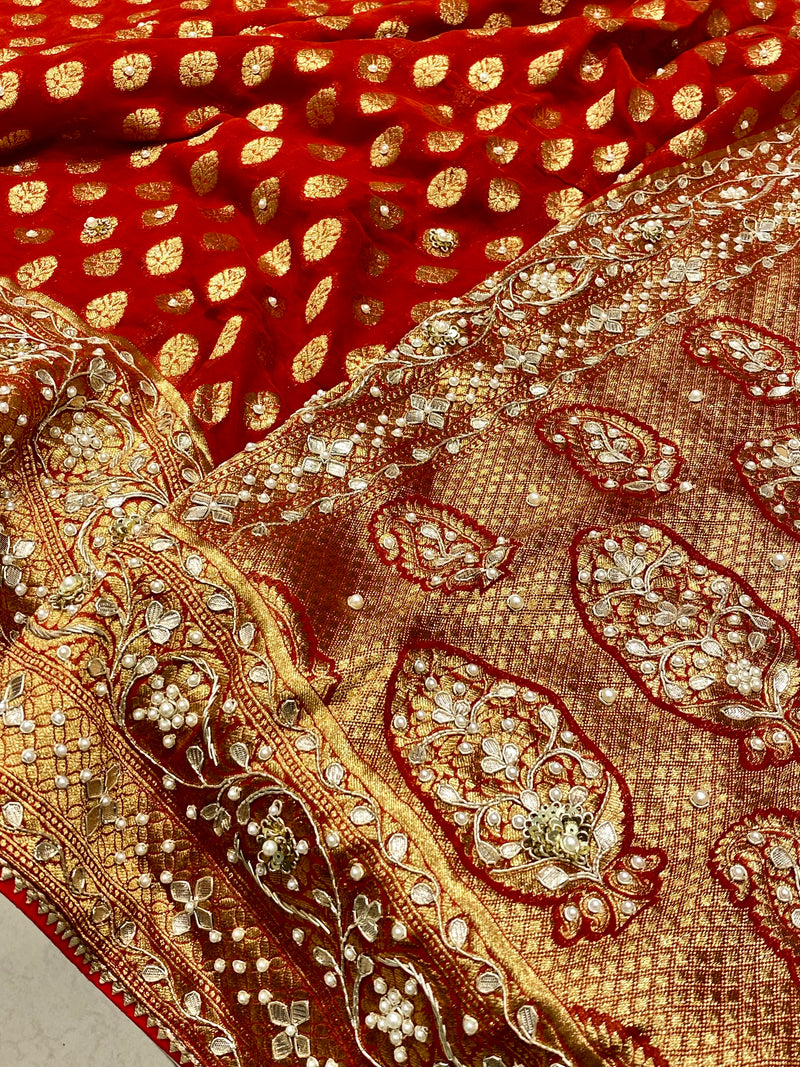 Red Banarasi Buttis with Hand Embroidery Georgette Saree