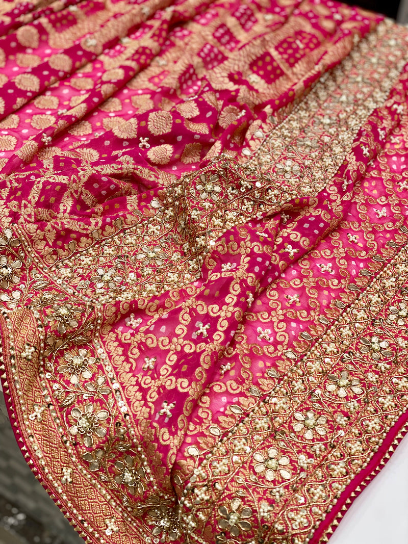 Pink Hand Embroidery Bandhej Dupatta