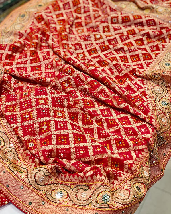 Red Kutchi Embroidery Bandhej