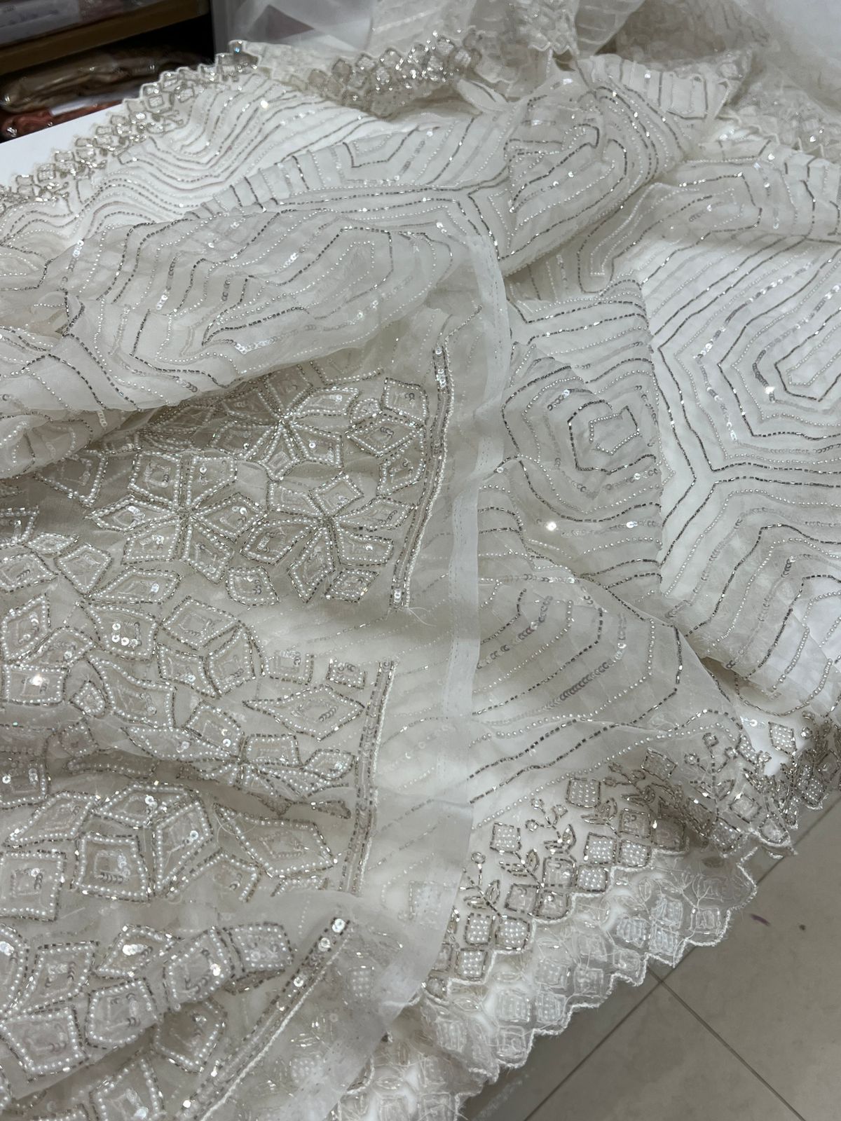 White Organza Moti Sequins Embroidery