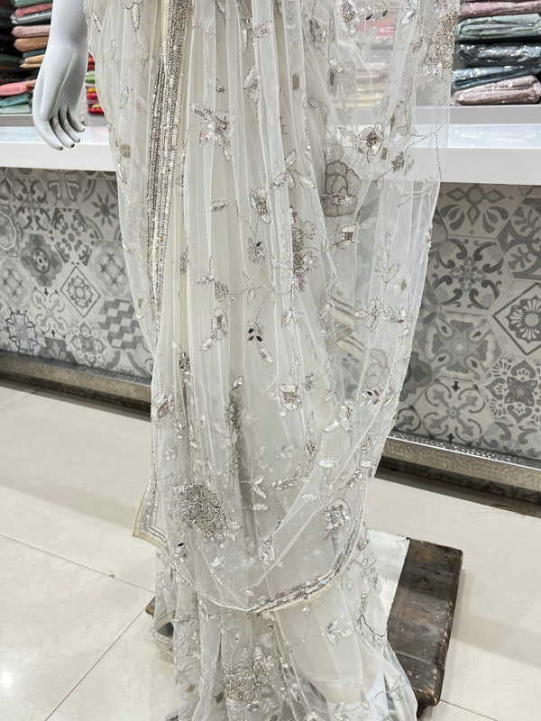 White Net Embroidery Saree