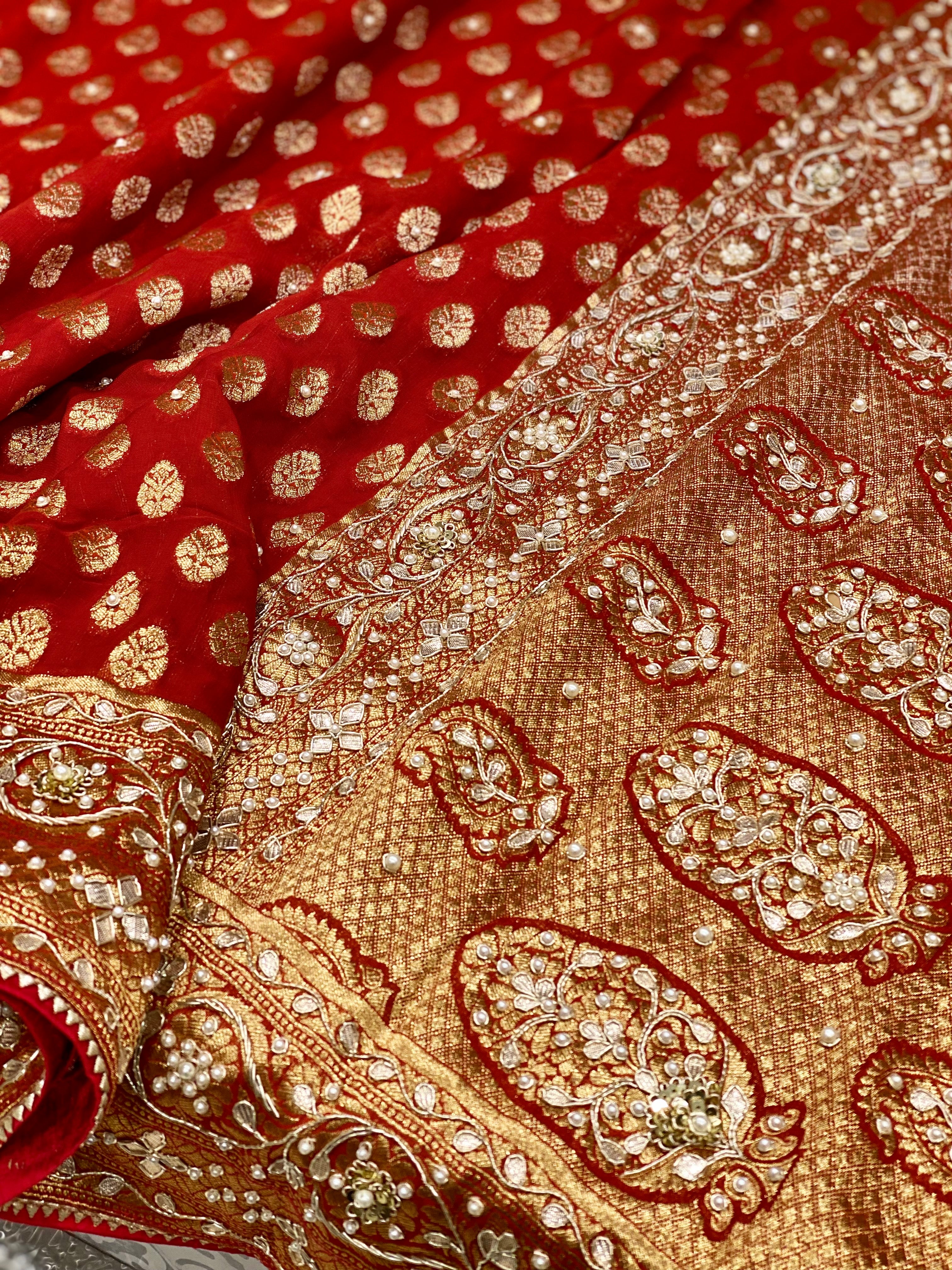 Red Banarasi Buttis with Hand Embroidery Georgette Saree