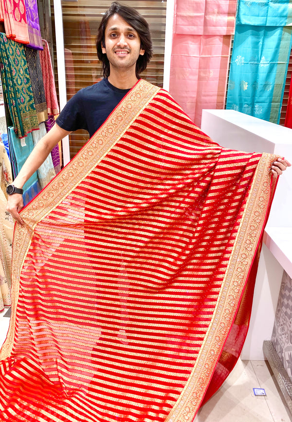 Red Banarasi Khaddi Georgette Leheriya with Buttis