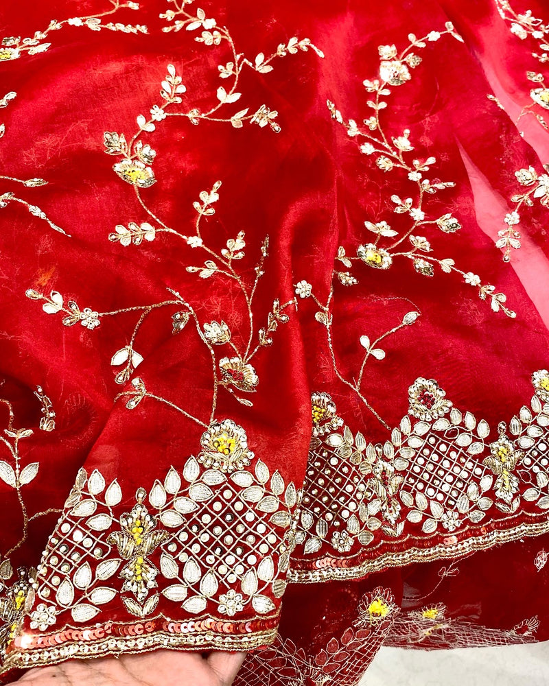 Red Hand Embroidery Organza