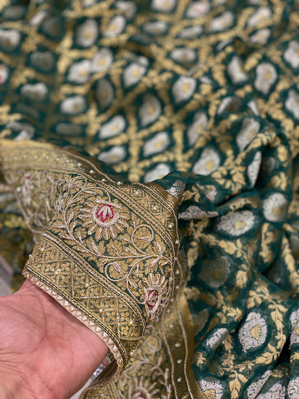 Bottle Green Banarasi Khaddi Saree