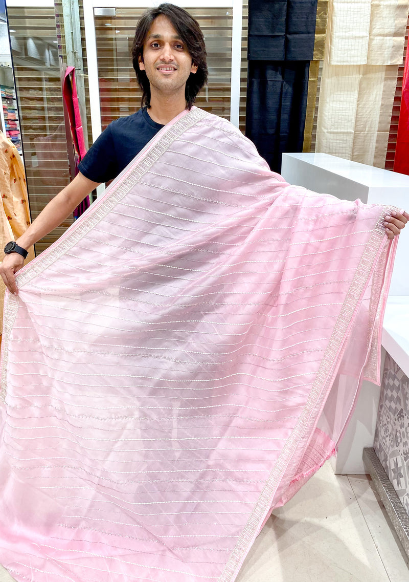Pink Organza with Leheriya Embroidery