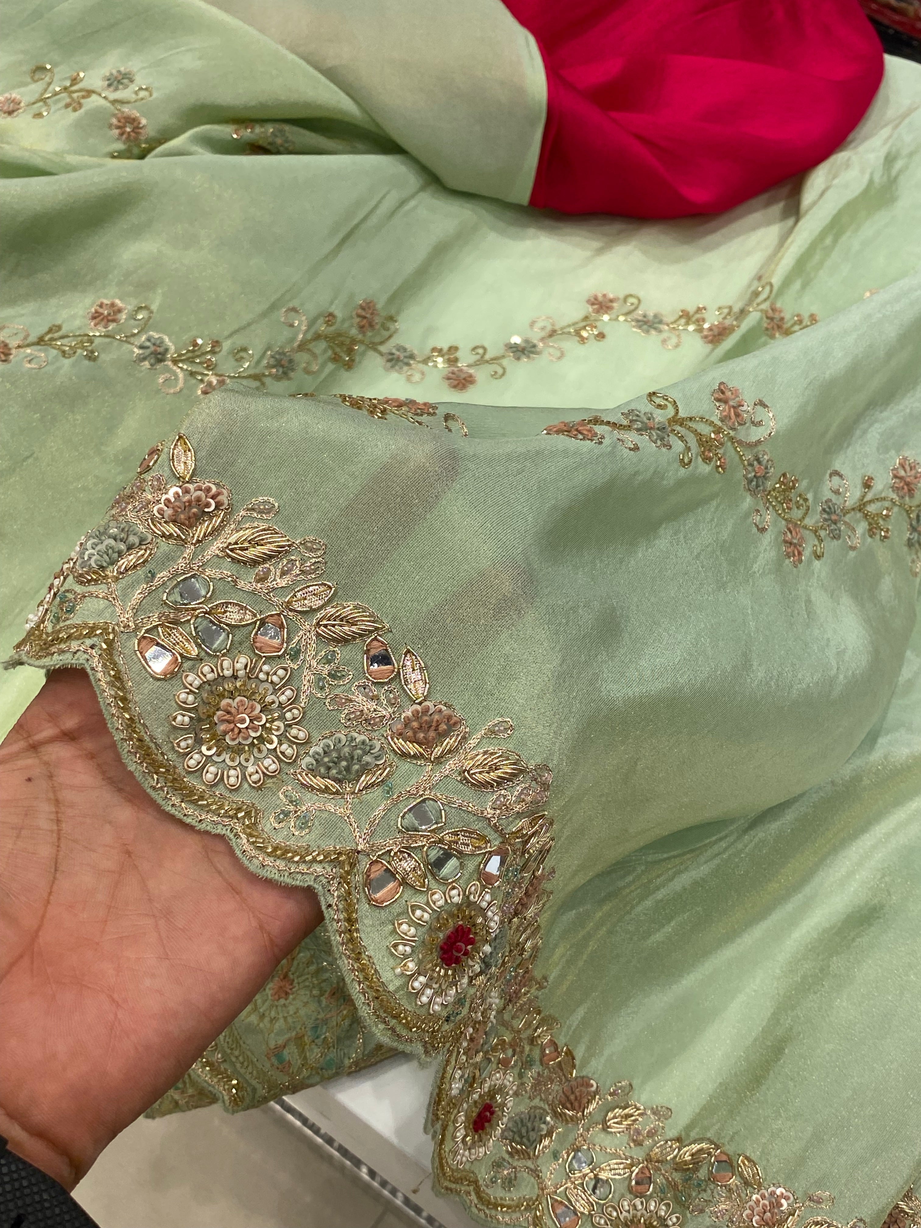 Pista Green Tissue Silk Embroidery