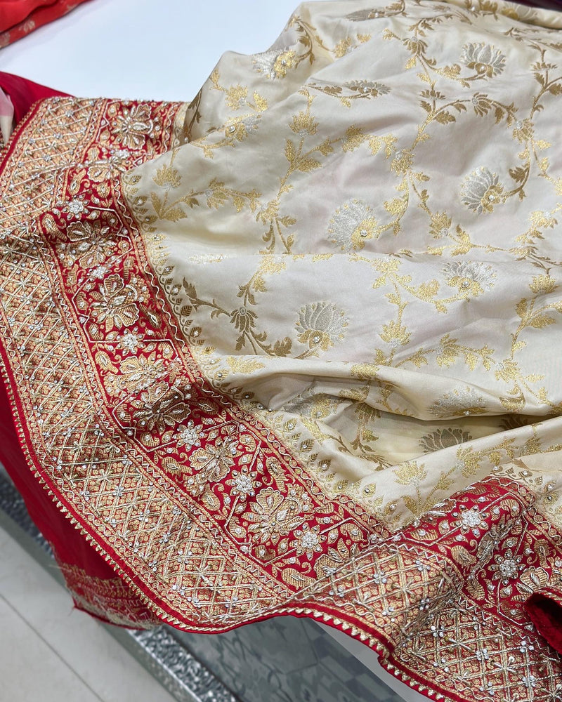 Banarasee Faux Georgette Saree With Gold Zari & Resham Jaal Work-White