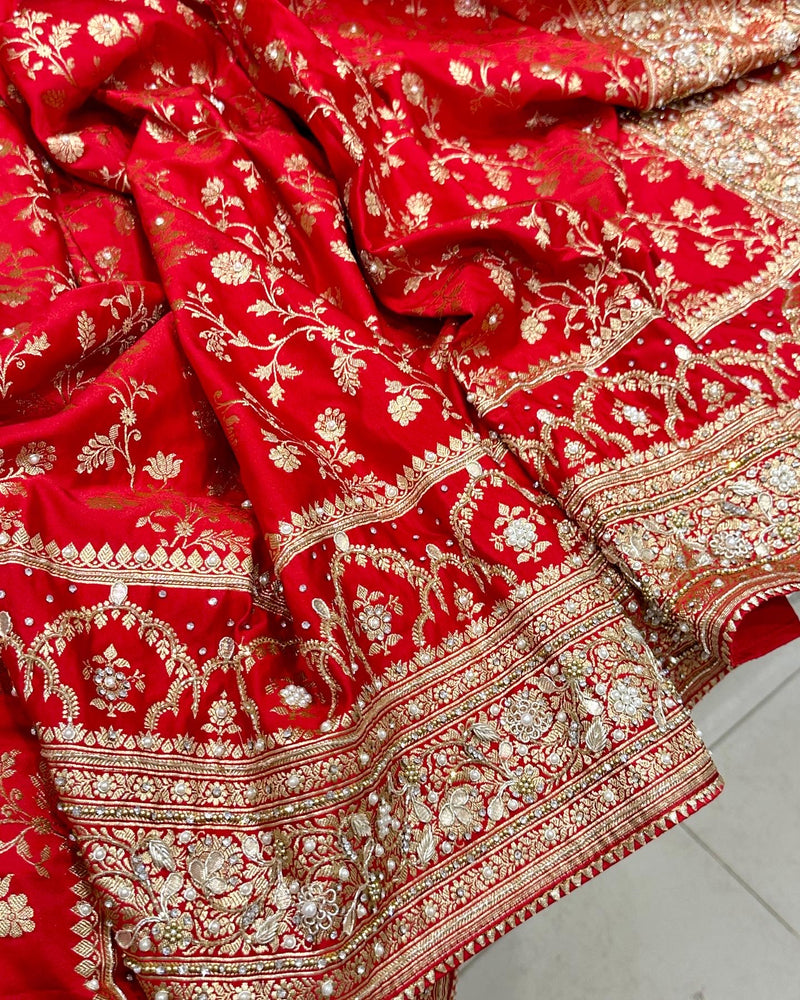 Chilli Red Banarasi Silk Saree With Floral Jaal Weaving | Singhania's