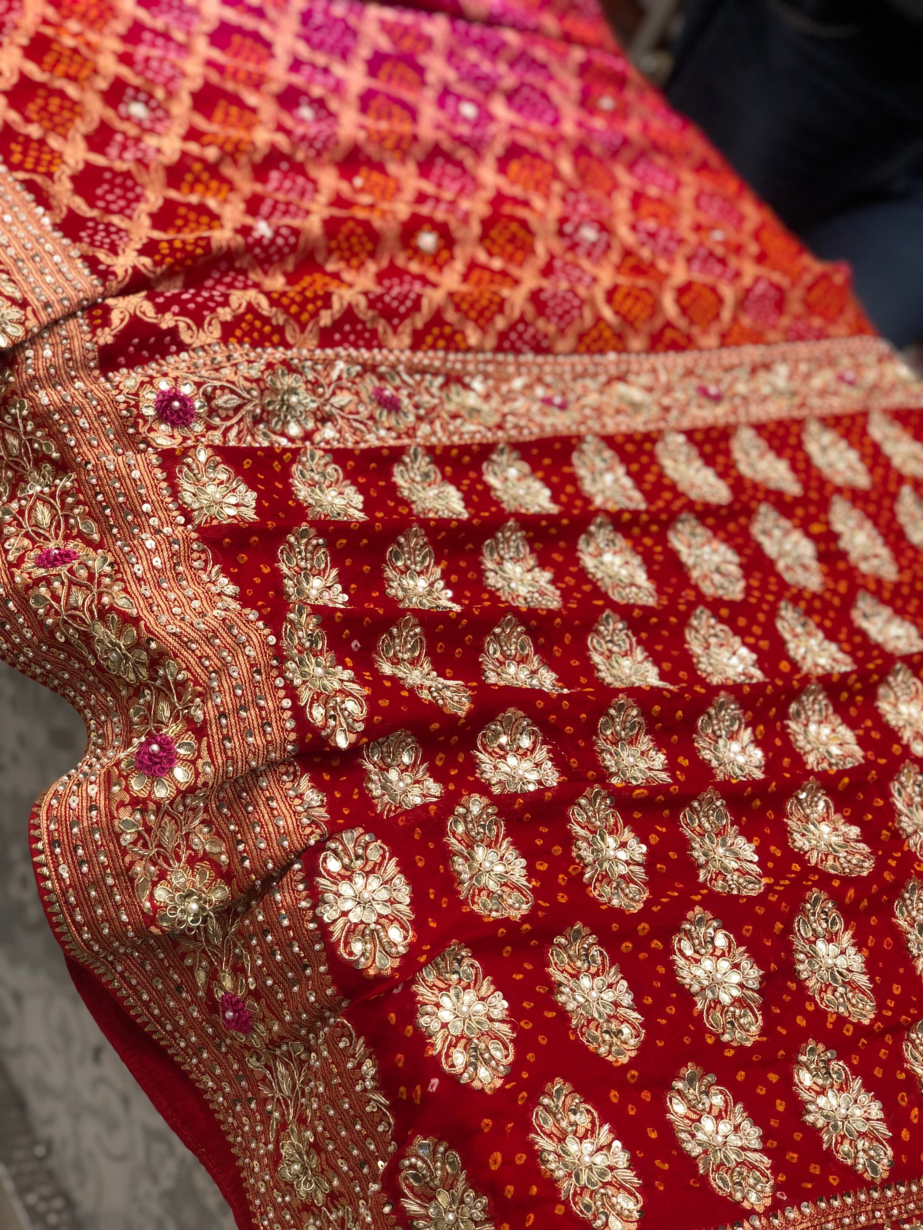 Red With Pink Bandhej Embroidery