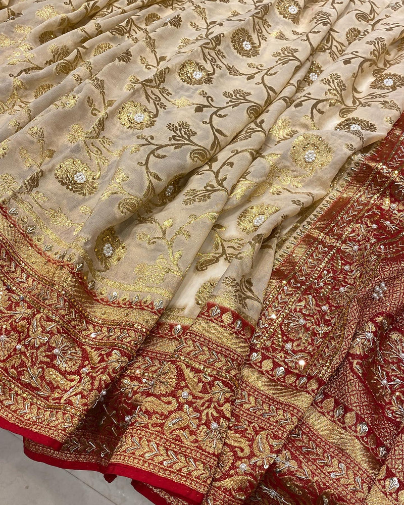 Beige Red Georgette Jaal Embroidery Saree