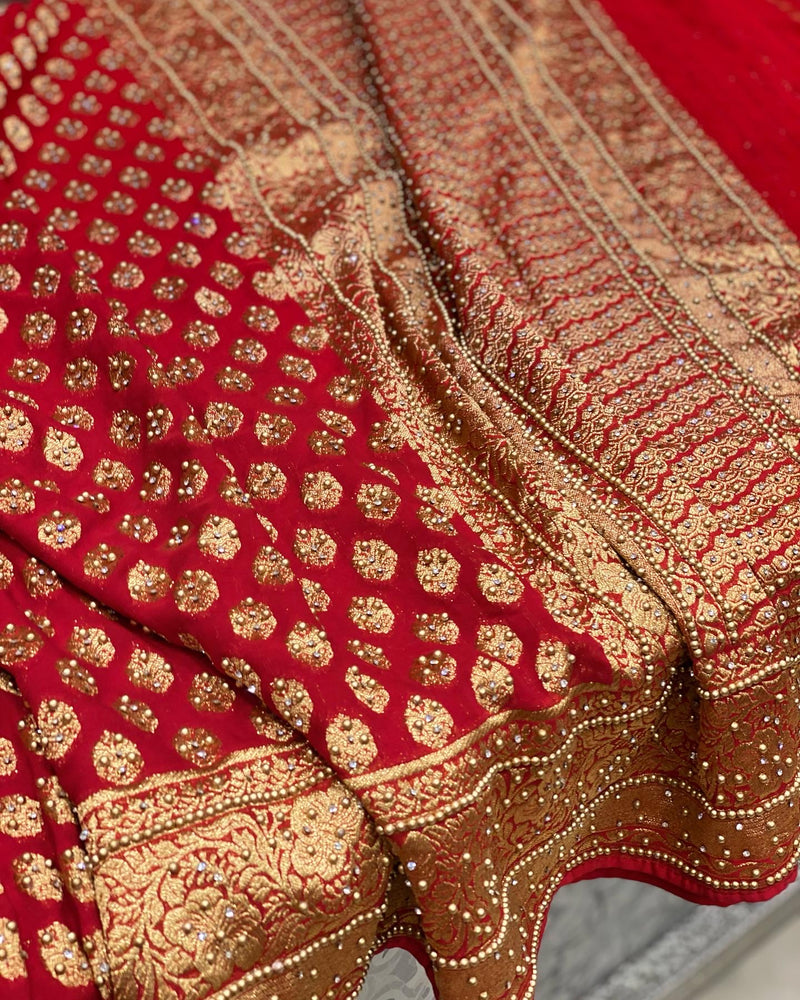 Red Banarasi Georgette with Buttis Hand Done