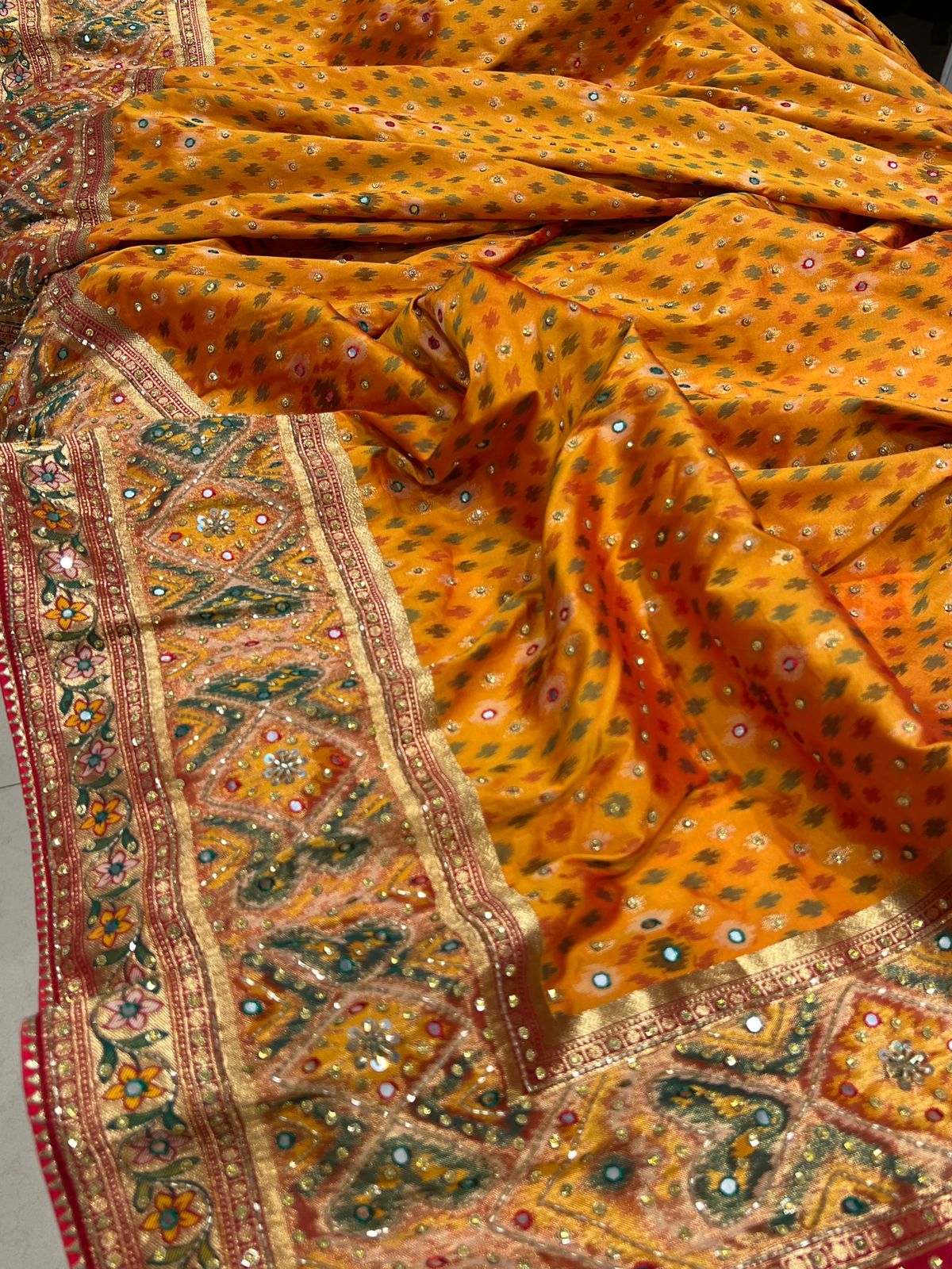 Mustard Patola Kutchi Embroidery Saree